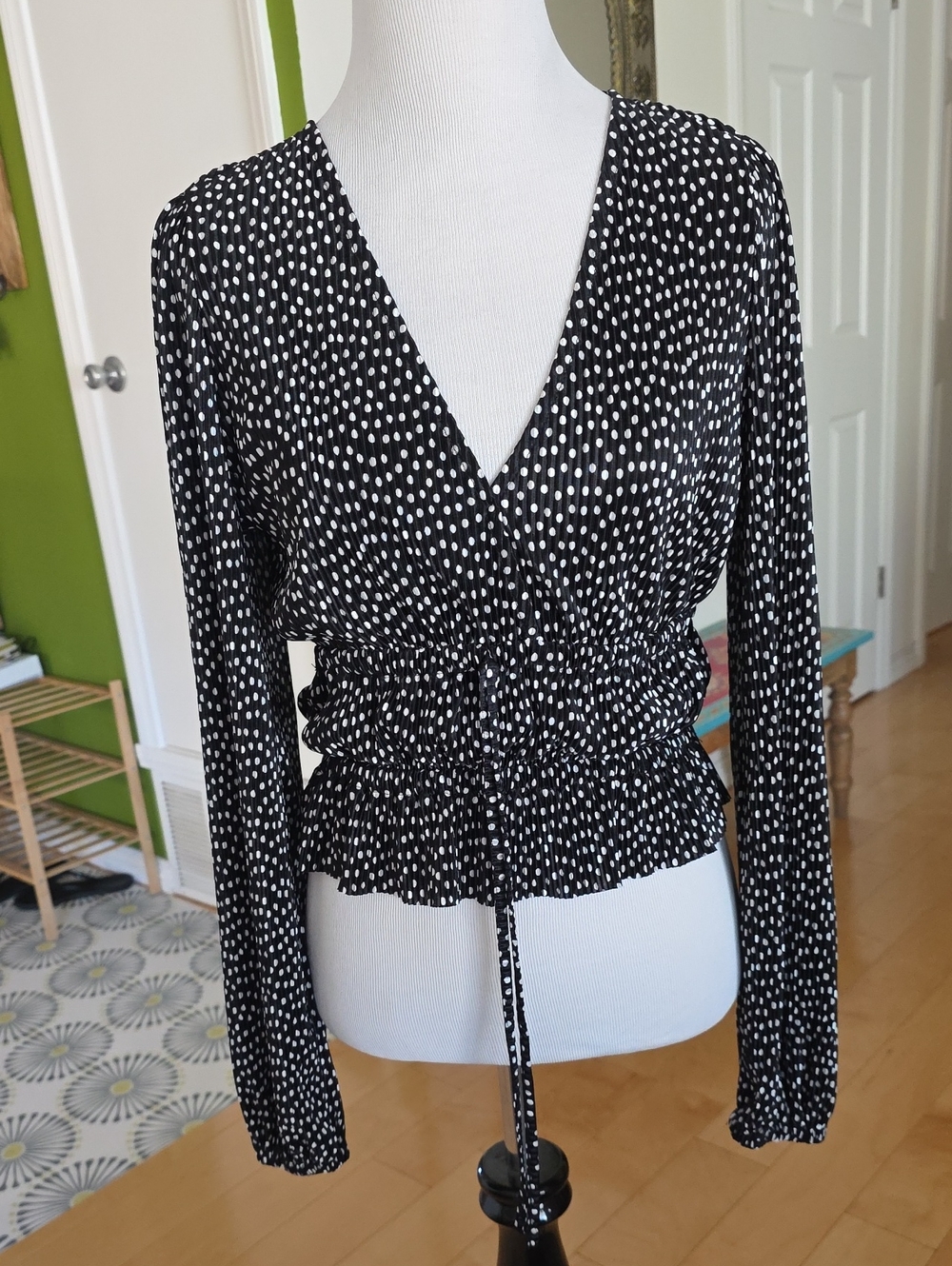 Zara Black and White Polka Dot V-Neck Drawstring Blouse